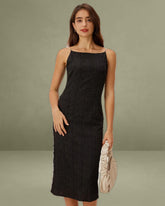 Black Textured Bodycon Beaded Strap Midi Dress