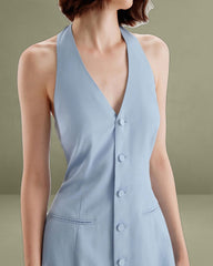 Blue Button Pocket Halter Mini Dress