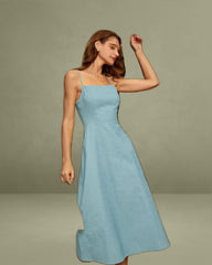 Blue Square Neck Shirred Slip Midi Dress