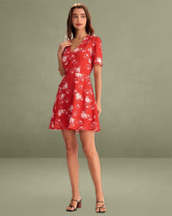 Red Floral A-Line Wrap Mini Dress