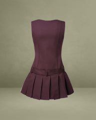 Wine Red V-Neck Sleeveless Belted Mini Dress