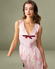 Pink Floral Bowknot Sleeveless Mini Dress