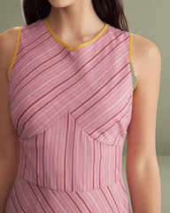 Pink Striped V Neck Sleeveless Midi Dresses