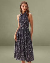 Black Floral Shirred Backless Midi Dress