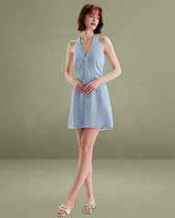 Blue Button Pocket Halter Mini Dress