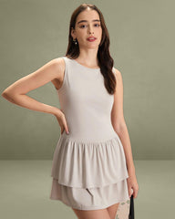 Women's Grey Crew Neck Ruffle Tiered Cotton Mini Dress