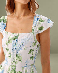 White Floral Square Neck Mini Dress