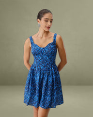 Blue Floral U-Neck Shirred Mini Dress
