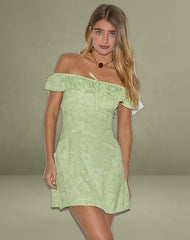 Kenja Bardot Mini Dress in Retro Paisley Lime
