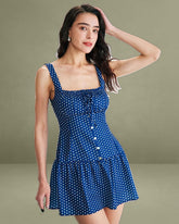 Blue Polka Dot Ruched Slip Mini Dress