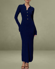 Blue A-Line Button Sweater Dress