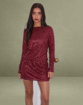 Jasilia Long Sleeve Mini Dress in Gauzy Sequin Red