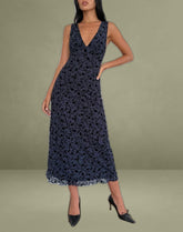 Gabriela Midi Dress in Flocked Petal Navy