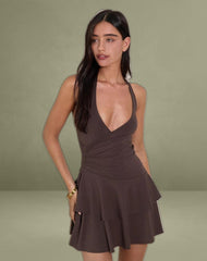 Semary Halterneck Wrap Mini Dress in Bitter Chocolate