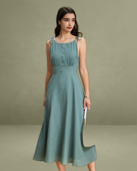 Green Boat Neck Backless Slip Midi Dress