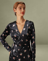 The Black V Neck Floral Velvet Wrap Midi Dress