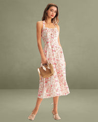 Pink Floral Halter Midi Dress