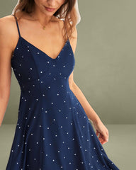 Navy Polka Dot Shirred Slip Midi Dress