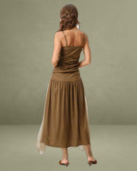 Brown Ruched Mesh Slip Maxi Dress