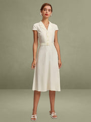 Beige Lapel Cap Sleeve Shirt-Style Midi Dress