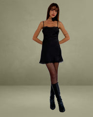 Larna Lace Trim Satin Mini Dress in Black