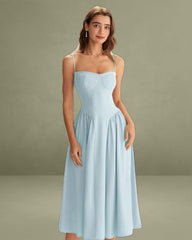 Blue Square Neck Pocket Slip Midi Dress