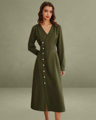 Green Ruched Button A-Line Maxi Dress