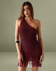 Meloka Asymmetric Fringe Mini Dress in Berry