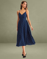 Navy Polka Dot Shirred Slip Midi Dress