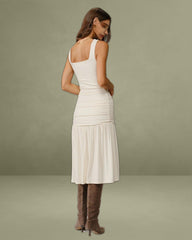 Beige Ruched A-Line Slip Midi Dress