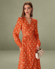 Orange Floral Wrap Midi Dress