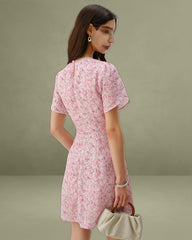 Pink Floral Round Neck Pleated Mini Dress