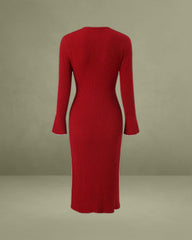 Red V Neck Ribbed Sweater Dress