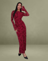 Slokya Long Sleeve Maxi Dress in Vine Floral Flock Cherry