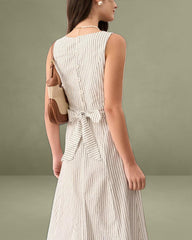 White Square Neck Striped Mid-length Dress