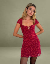 Lashka Mini Dress in Red Grunge Floral Flock