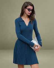 Blue Button A-Line Sweater Dress