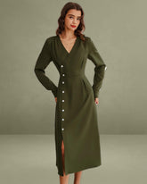 Green Ruched Button A-Line Maxi Dress
