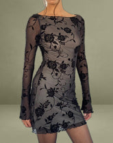 Sevila Long Sleeve Mini Dress in Black Rose Flock