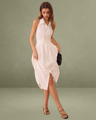 The White Collared Twist Backless Midi Dress