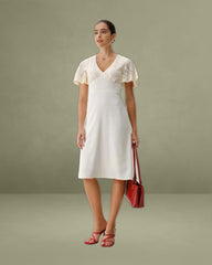 White Textured V-Neck Midi Dress