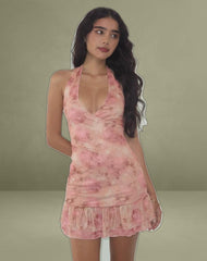 Yoriko Halterneck Mini Dress in Smoky Floral Peach