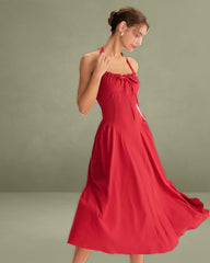 Red Ruched Halter Midi Dress