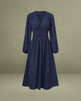 Navy Polka Dot Shirred Midi Dress