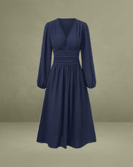 Navy Polka Dot Shirred Midi Dress