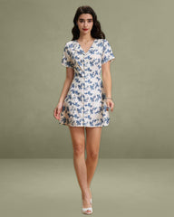 Blue Floral V-Neck Button A-Line Mini Dress