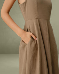 Khaki A-Line Pleated Slip Midi Dress