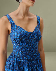 Blue Floral U-Neck Shirred Mini Dress