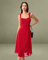 Red Sweetheart Neck Tie Strap Midi Dress
