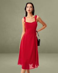 Red Sweetheart Neck Tie Strap Midi Dress